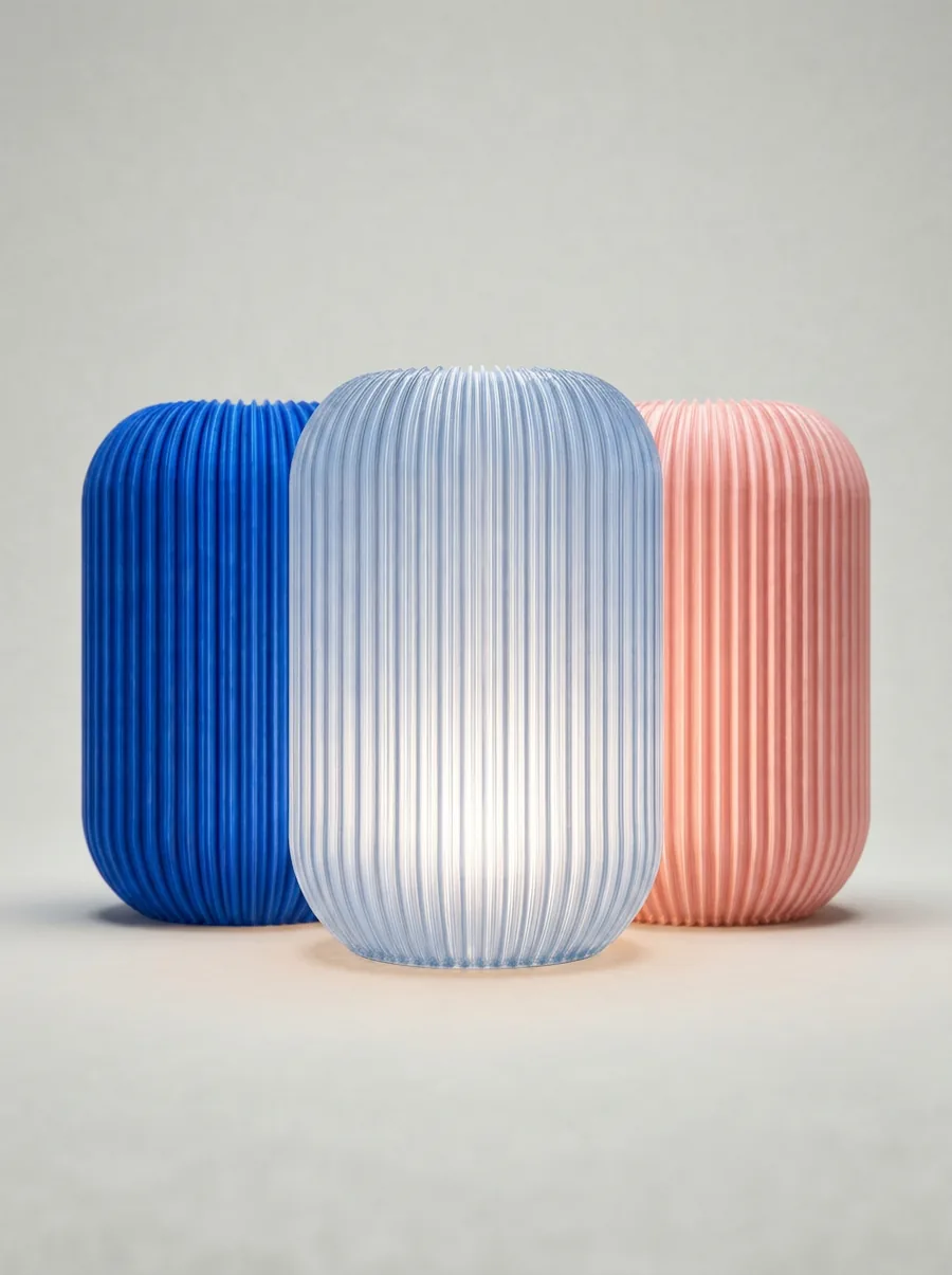 Altus Shade trio — 3D-printed lamp shades in Clear, Dusk, and Blush grouped together