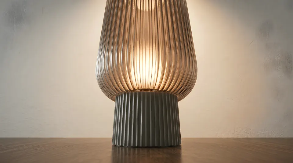 The Noorian table lamp lit, close crop of shade and base