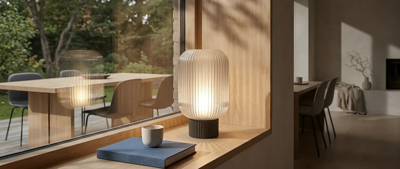 The Noorian table lamp on a wooden windowsill