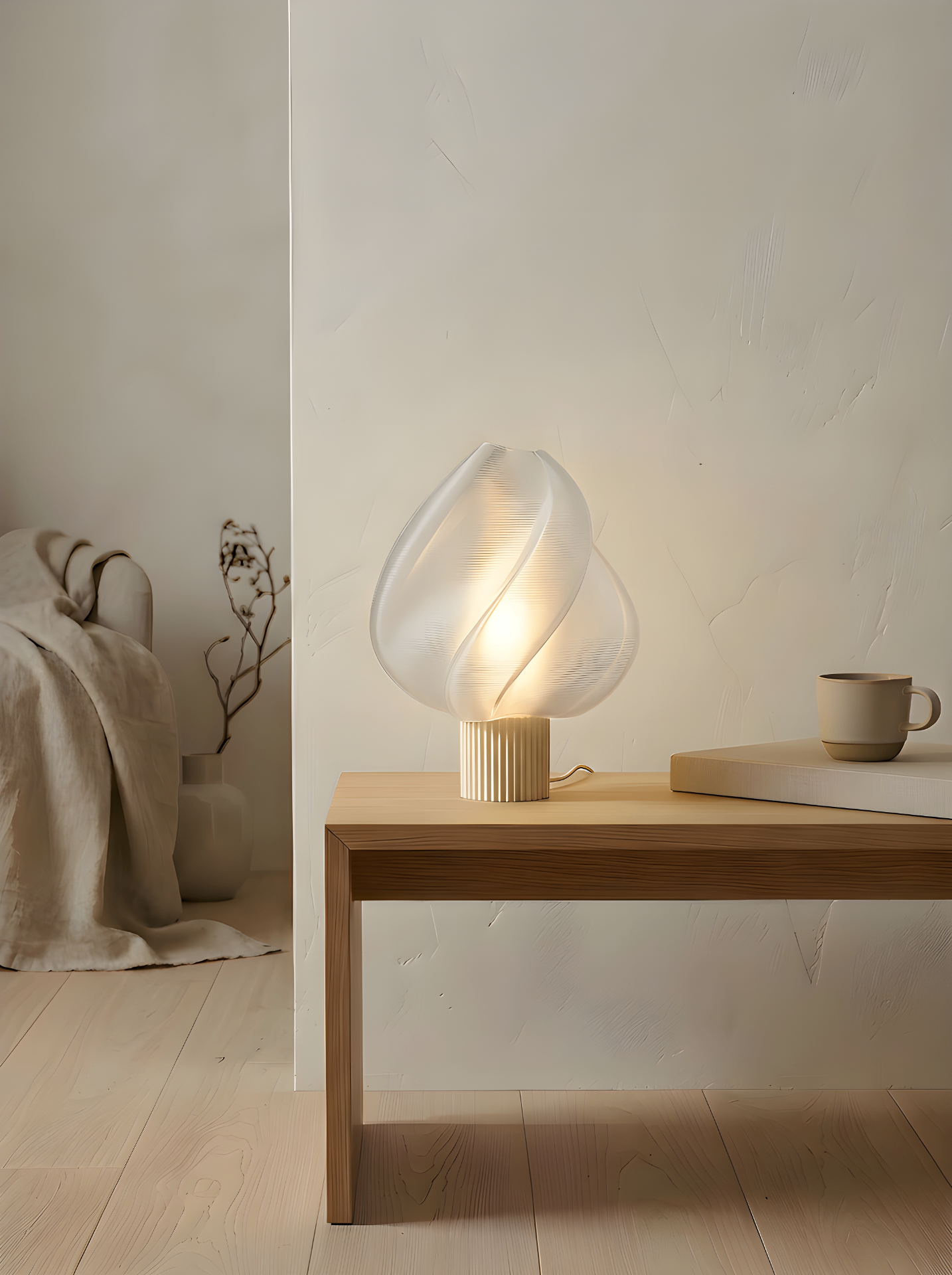 The Elysian table lamp on an oak bench