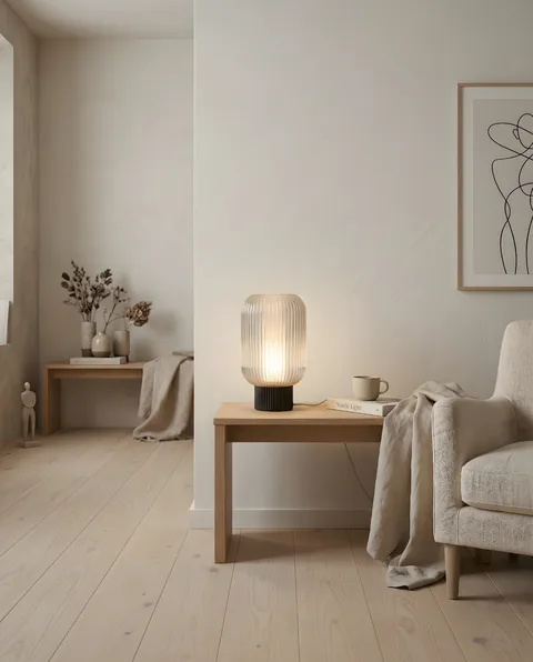 The Varde lamp glowing warmly on a pale oak bench in a calm Scandinavian living room